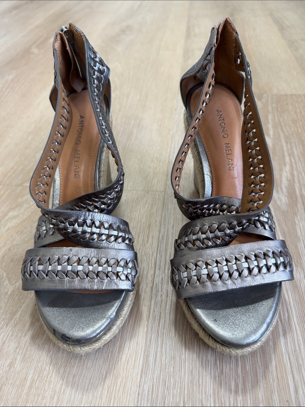 ANTONIO MELANI Metallic Bronze Braided Wedge Sandals